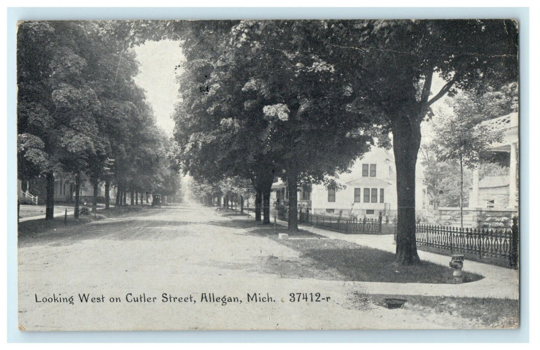 c1915 Cutler Street Looking West Allegan Michigan MI Airmail Cancel Postcard