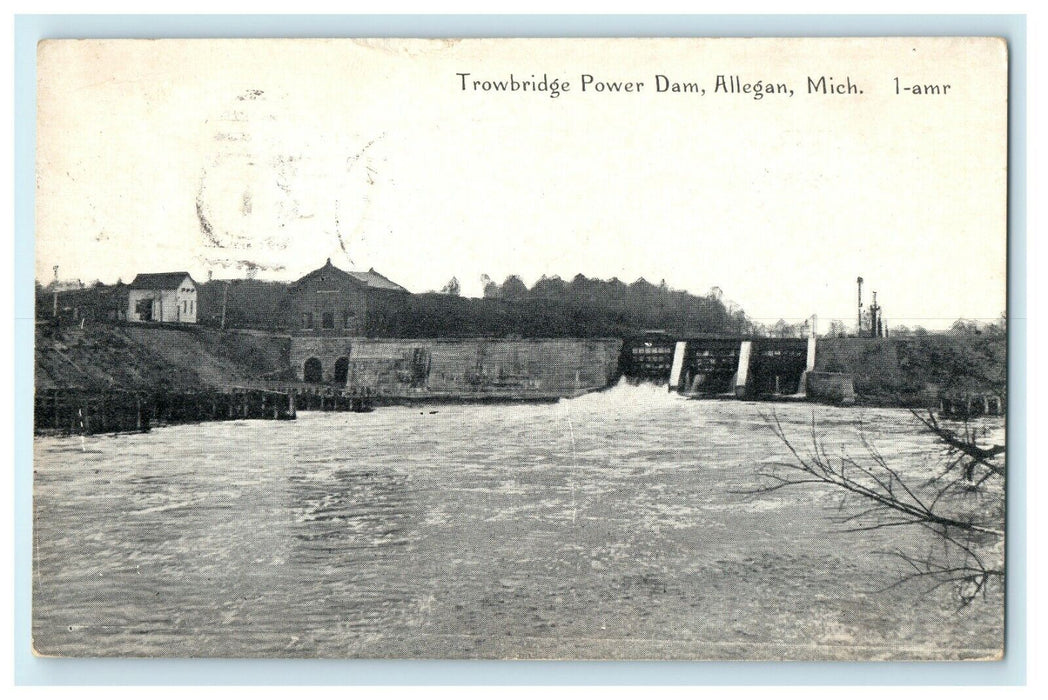 1922 Trowbridge Power Dam, Allegan Michigan MI Vintage Postcard