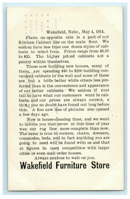 1914 Wakefield Furniture Store Interior NE Advertising Shop RPPC Photo Postcard