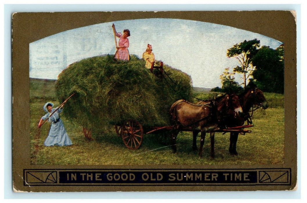 Victorian Girls Hay Wagon 1910 Meckling South Dakota Gold Antique Postcard