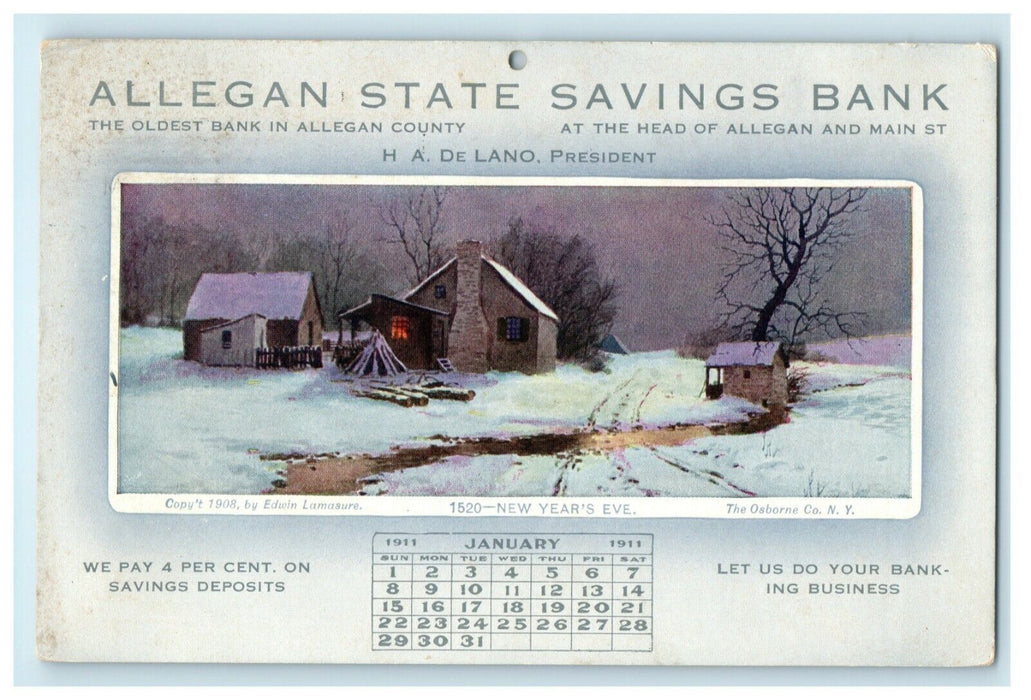 1911 Allegan State Savings Bank Advertising Calendar Michigan MI Postcard