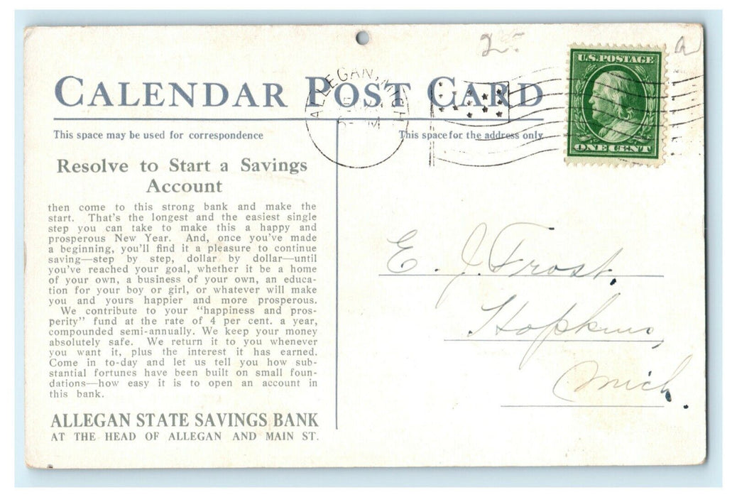 1911 Allegan State Savings Bank Advertising Calendar Michigan MI Postcard