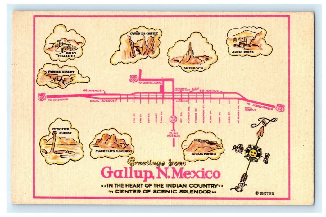 Gallup New Mexico Map 1953 Fostoria Ohio Vintage Antique Postcard