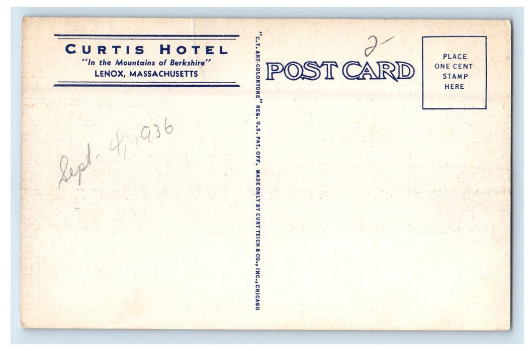 c1940s Monument View Curtis Hotel Lenox Massachusetts MA Vintage Postcard