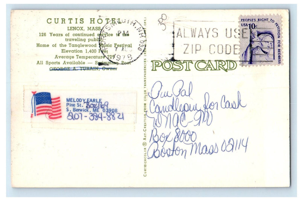 1978 Curtis Hotel Lenox Massachusetts MA Vintage Posted Cancel Postcard