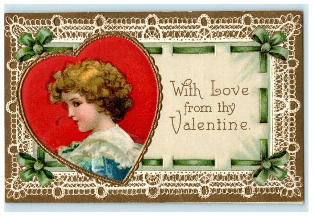 Valentine Victorian Child Ribbon Gilt Clapsaddle (?) Embossed Postcard