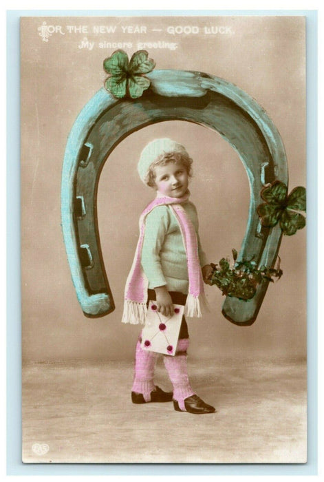 New Years Good Luck EAS 1913 Horseshoe Luck Glossy Girl Vintage Antique Postcard