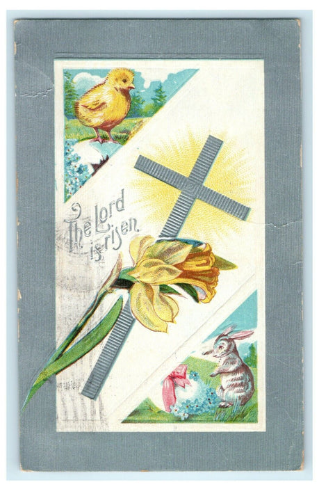 1909 Easter Silver Cross Chick And Bunny The Lord is Risen Winsch Back Embossed