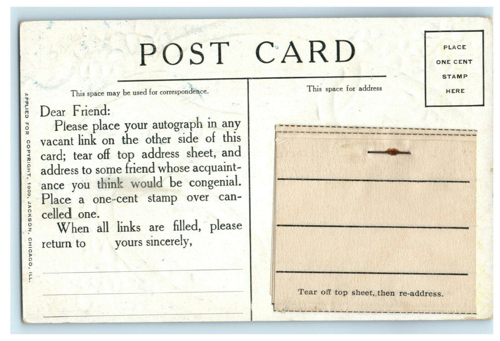 Friendship Autographs Embossed Flowers 1909 Chain Letter Antique Postcard