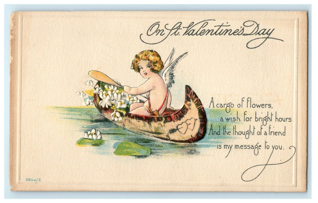 Valentine Cupid Angel In Rowboat With Flowers Embossed Antique Postcard