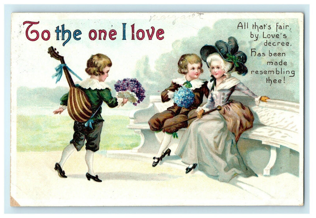 1912 Valentine Boys Offering Flowers Clapsaddle (?) Embossed Antique Postcard