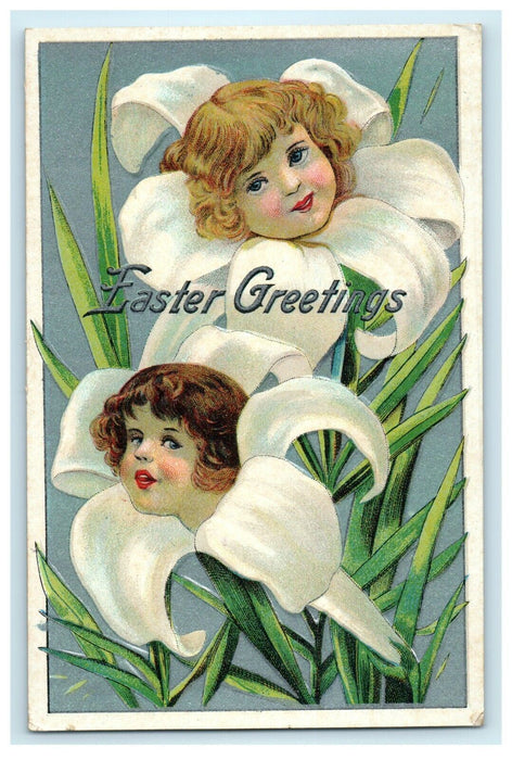 1915 Easter Greetings Fantasy Girls Heads Lilies Flowers Embossed Postcard