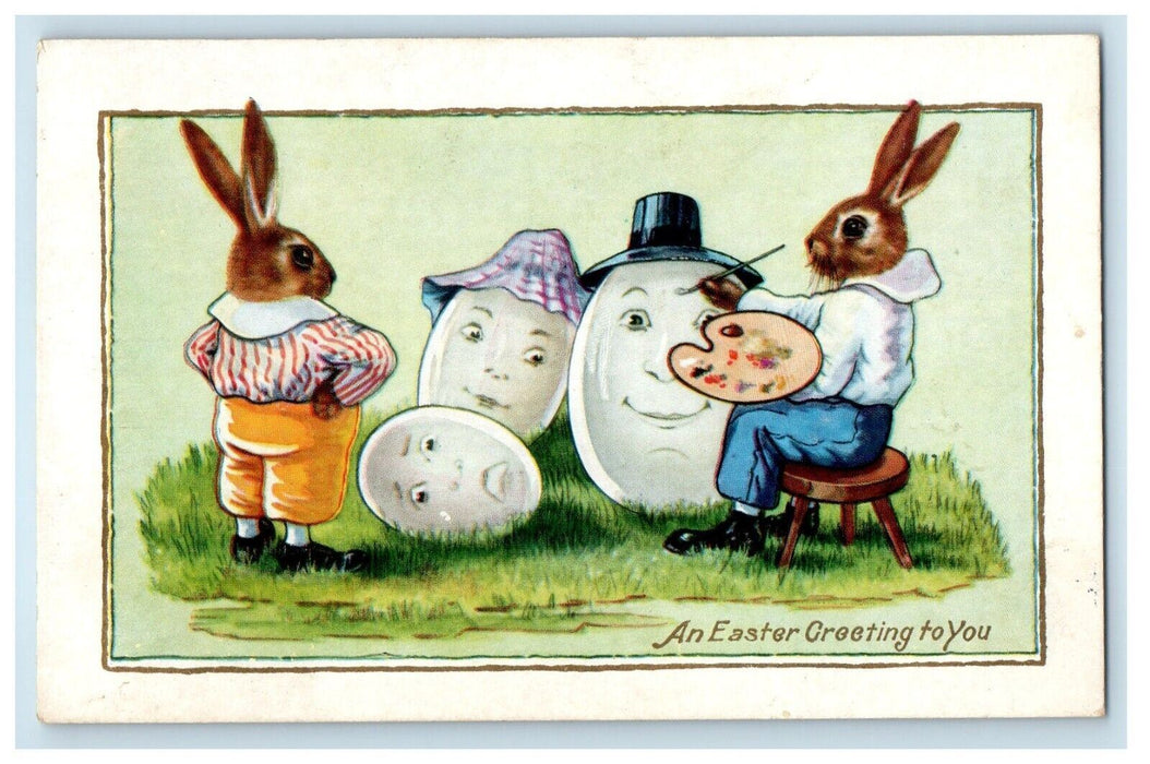 Easter Greetings Anthropomorphic Rabbits Eggs Painting Hats Posted Postcard