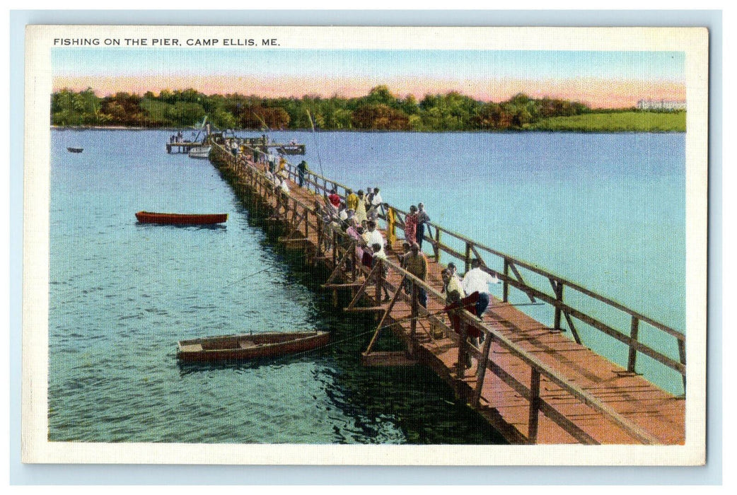 1917 Fishing on the Pier, Camp Ellis, Saco Maine ME Antique Unposted Postcard