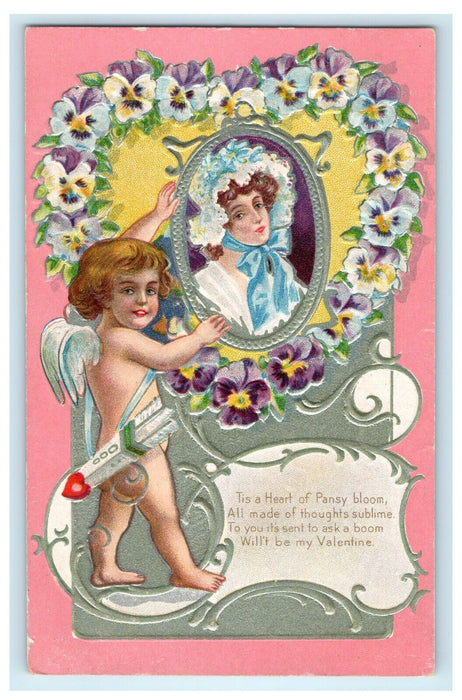 1909 Valentine Cupid Angel Tis A Heart Of Pansy Bloom Flowers Antique Postcard