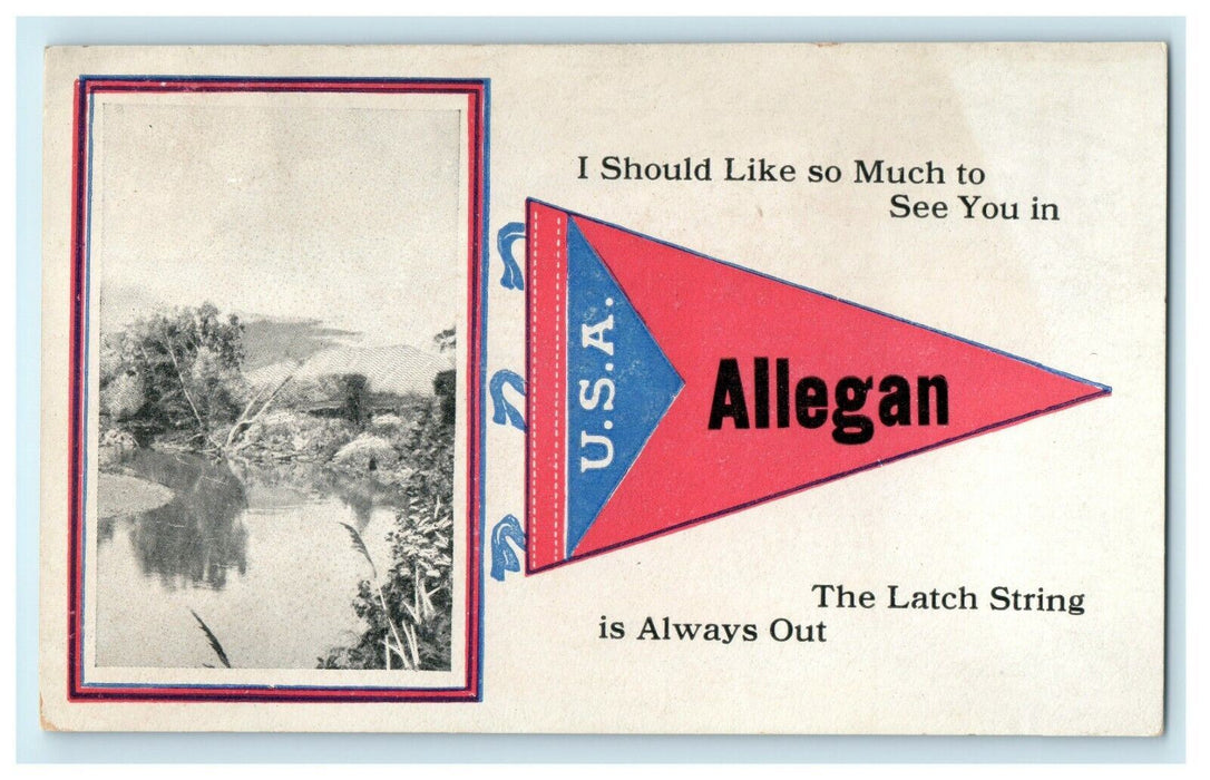 1915 Allegan US Red Pennant and River View, Allegan Michigan MI Postcard