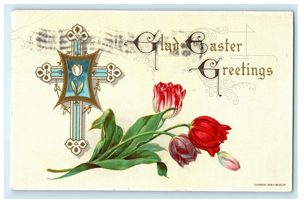 1910 Easter Greetings Blue Cross Red Rose Wessler Embossed Antique Postcard