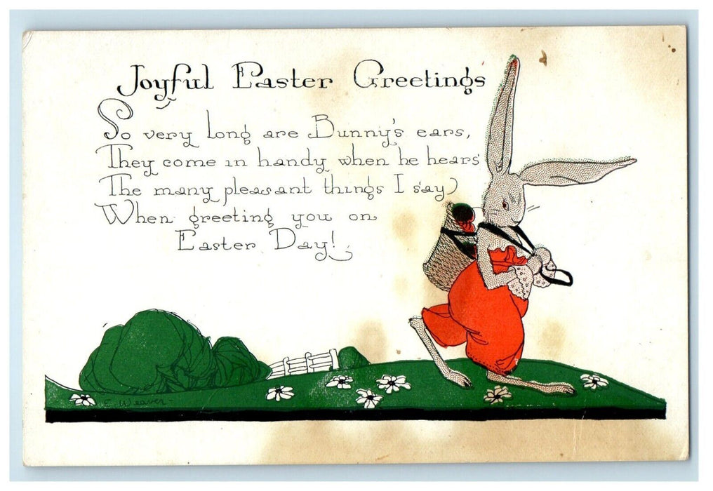 1924 Easter Greetings Anthropomorphic Rabbit Bunny Long Ears Basket Postcard