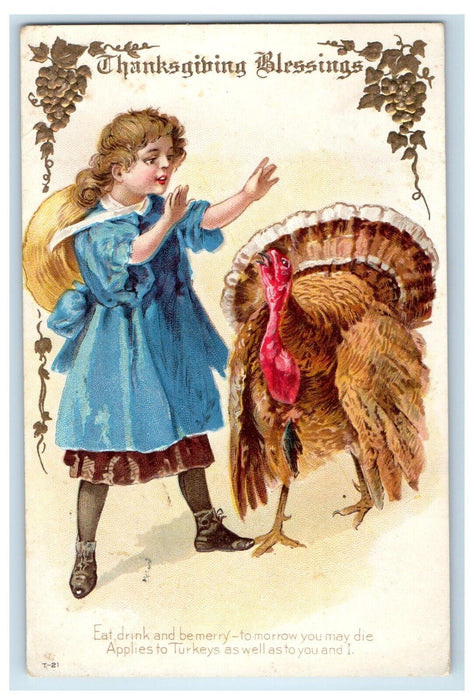 1914 Thanksgiving Blessing Girl And Turkey Brunswick Maryland MD Postcard