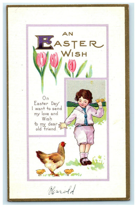 1917 Easter Little Boy Holding Baby Chick Chicken Tulips Flower Antique Postcard