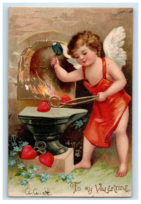 1908 Valentine Clapsaddle (?) Cupid Cherub Apron Hammer Hearts Flowers Postcard