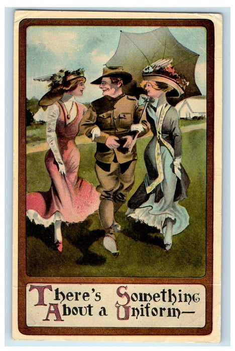 c1910's Two Girls And Soldier Military WWI Romance Posted Antique Postcard