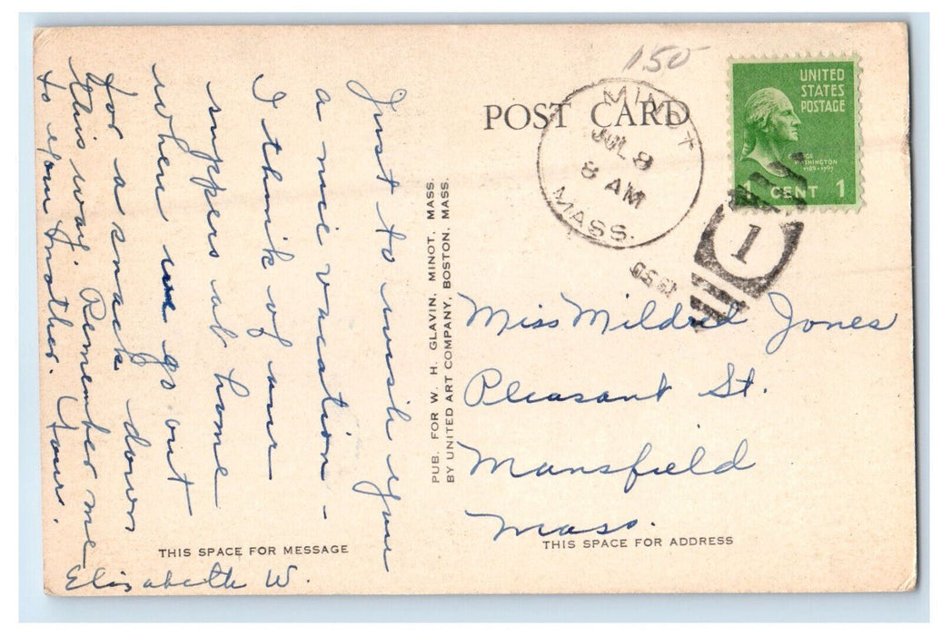 1950 Beach and Cottages, Minot Massachusetts MA Posted Vintage Postcard