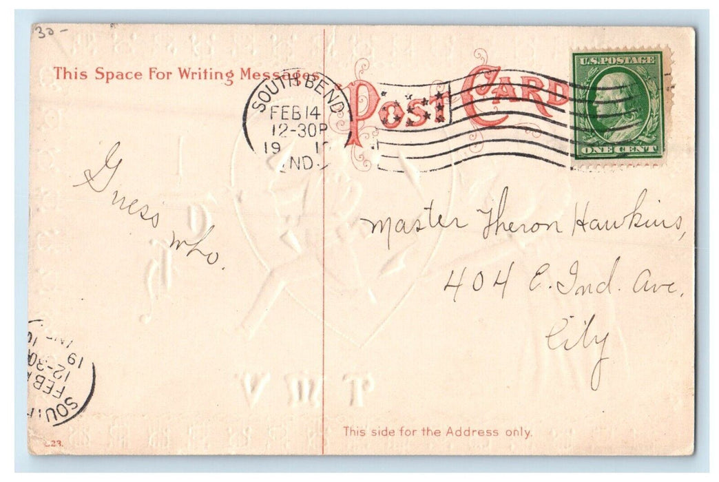 1910 Valentine Pretty Girl True Love Big Heart Embossed South Bend IN Postcard