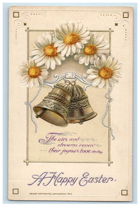 1914 Happy Easter Bell White Flowers Winsch Back Embossed Antique Postcard