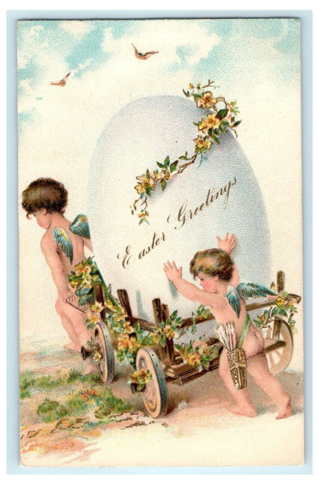 1909 Easter Angels Bare Butt Pushing Cart With White Big Egg Embossed Postcard