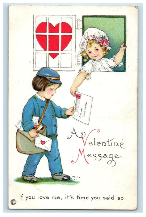 1920 Valentine Girl Message Mail Boy Heart Embossed Burr Oak Michigan Postcard