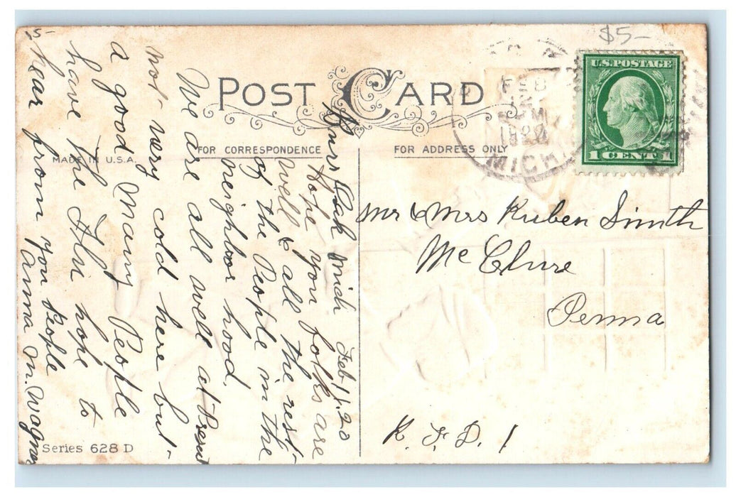 1920 Valentine Girl Message Mail Boy Heart Embossed Burr Oak Michigan Postcard