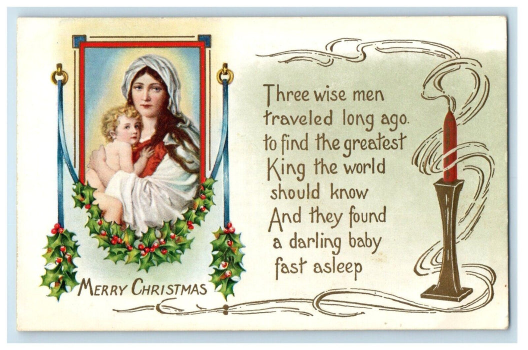 c1910's Merry Christmas Mary And Baby Greatest King Holly Berries Postcard