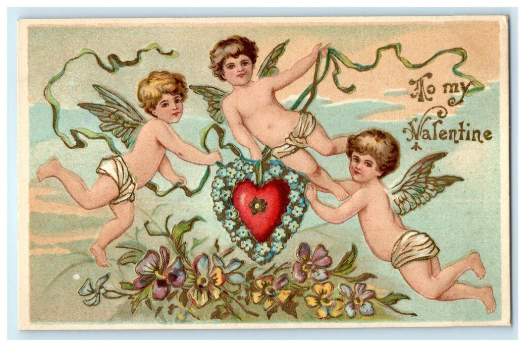 Valentine Cupid Angel Holding Heart Flowers Embossed Postcard