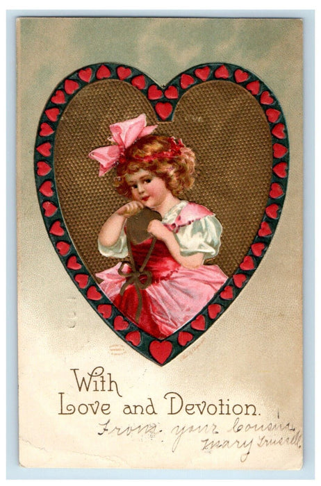 1909 Pretty Little Girl Dress Pink Ribbon In Big Hearts Clapsaddle (?) Postcard