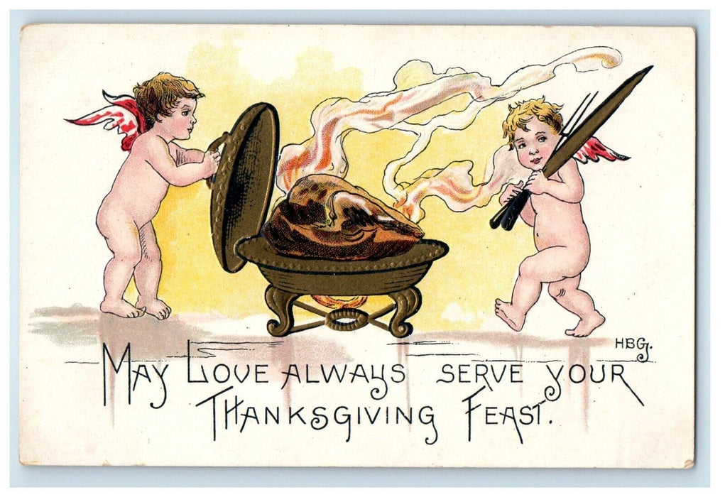 c1910's Thanksgiving Feast Bare Butt Cherubs Angel Cooking Turkey HBG Postcard