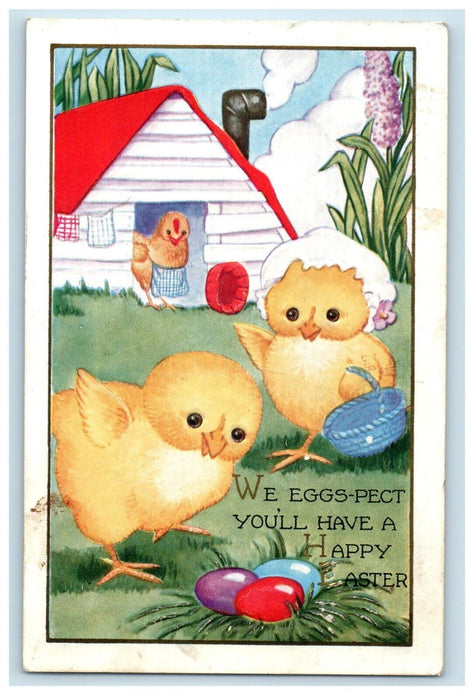 c1910's Happy Easter Chicks Eggs Basket Picking House Posted Antique Postcard