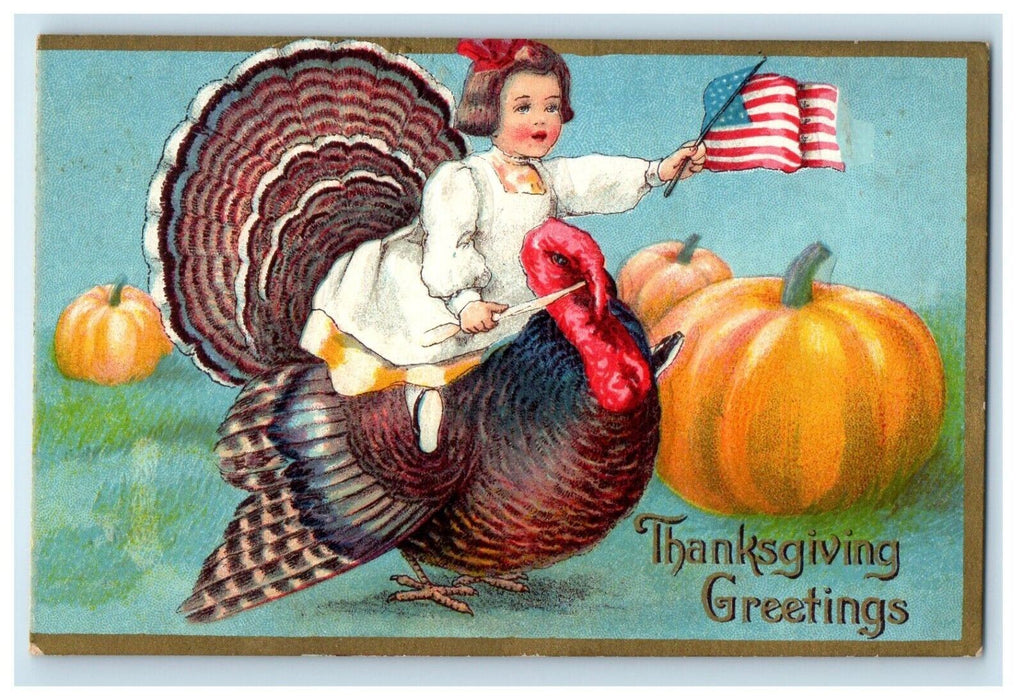 Thanksgiving Greetings Girl Riding Turkey Patriotic Pumpkin Winsch Back Postcard