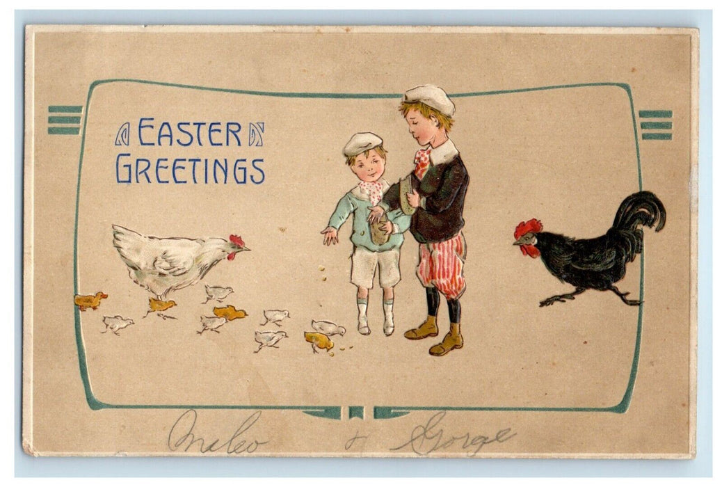 Easter Greetings Boys Feed Chicken Hen And Rooster Embossed Germany Postcard