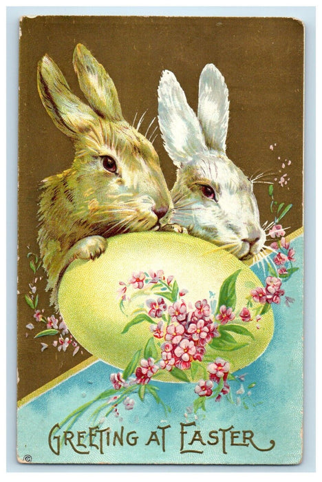 Easter Greetings Rabbits Egg Pink Flowers Embossed Lebanon Church VA Postcard