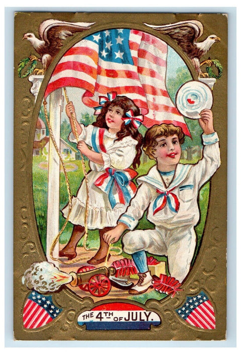 c1910's Fourth Of July Boy And Girl Flag Patriotic Cannon Embossed Nash Postcard
