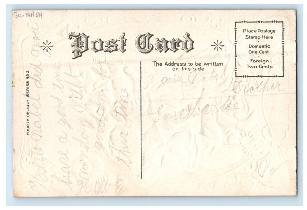 c1910's Fourth Of July Boy And Girl Flag Patriotic Cannon Embossed Nash Postcard