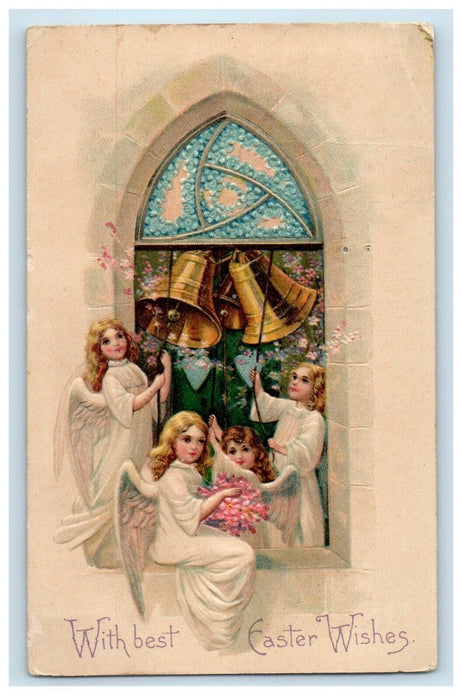 c1910's Easter Wishes Four Angels Ring The Bells Embossed Antique Postcard