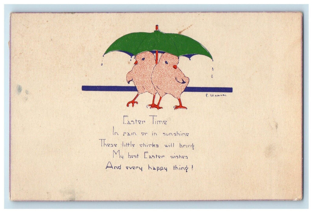 Easter Time Two Chicks With Umbrella E. Weaver Artist Signed Posted Postcard