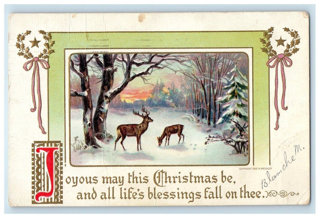 1910 Christmas Two Deer In Winter Snow Covered Pine Tree Washington DC Postcard