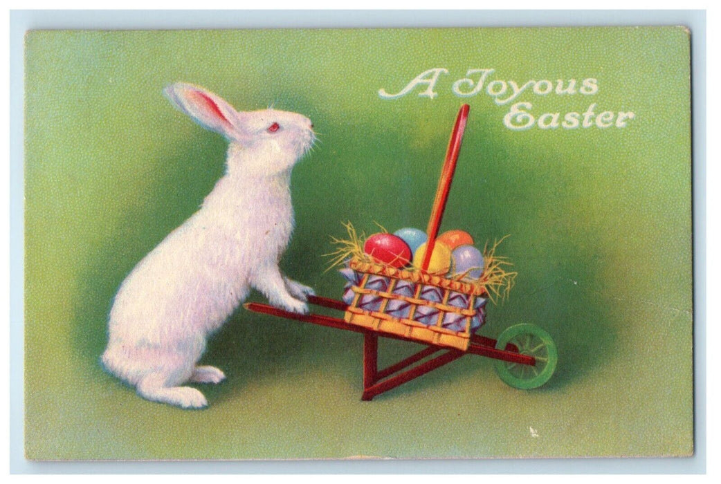 1923 Easter Rabbit Pushing Cart With Basket Of Eggs Lebanon Church VA Postcard