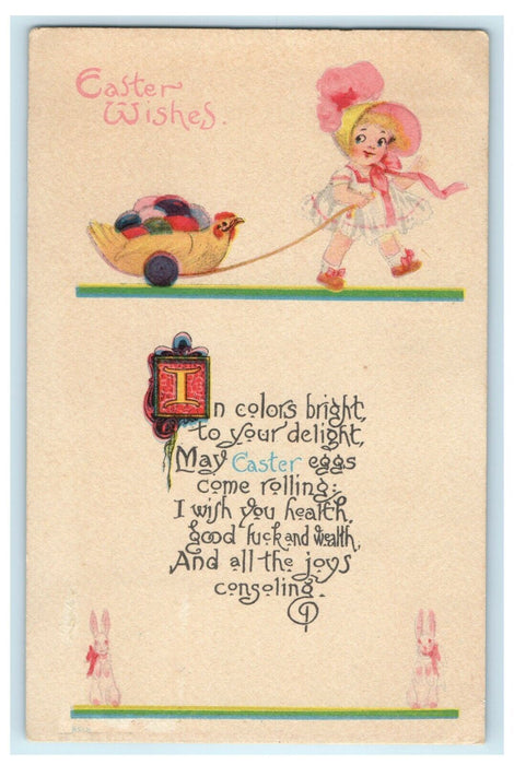 1915 Easter Wishes Little Girl Pulling Cart With Eggs Bergman Antique Postcard