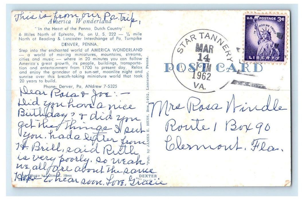 1962 America Wonderland Penna Dutch County Star Tannery Pennsylvania PA Postcard