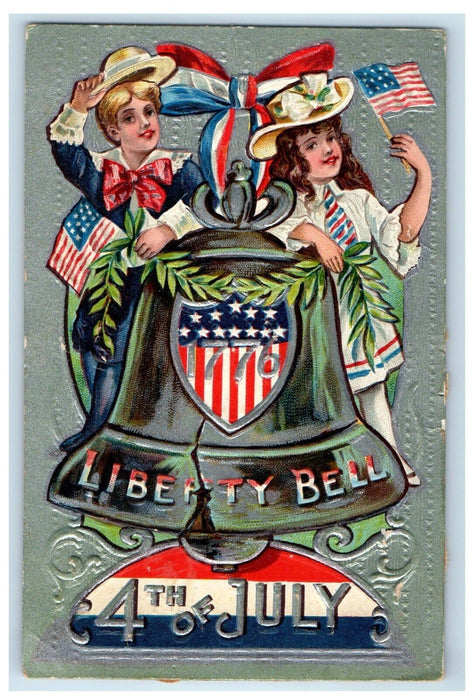 Fourth Of July Liberty Bell Boy Girl Hat Patriotic Embossed Nash Postcard