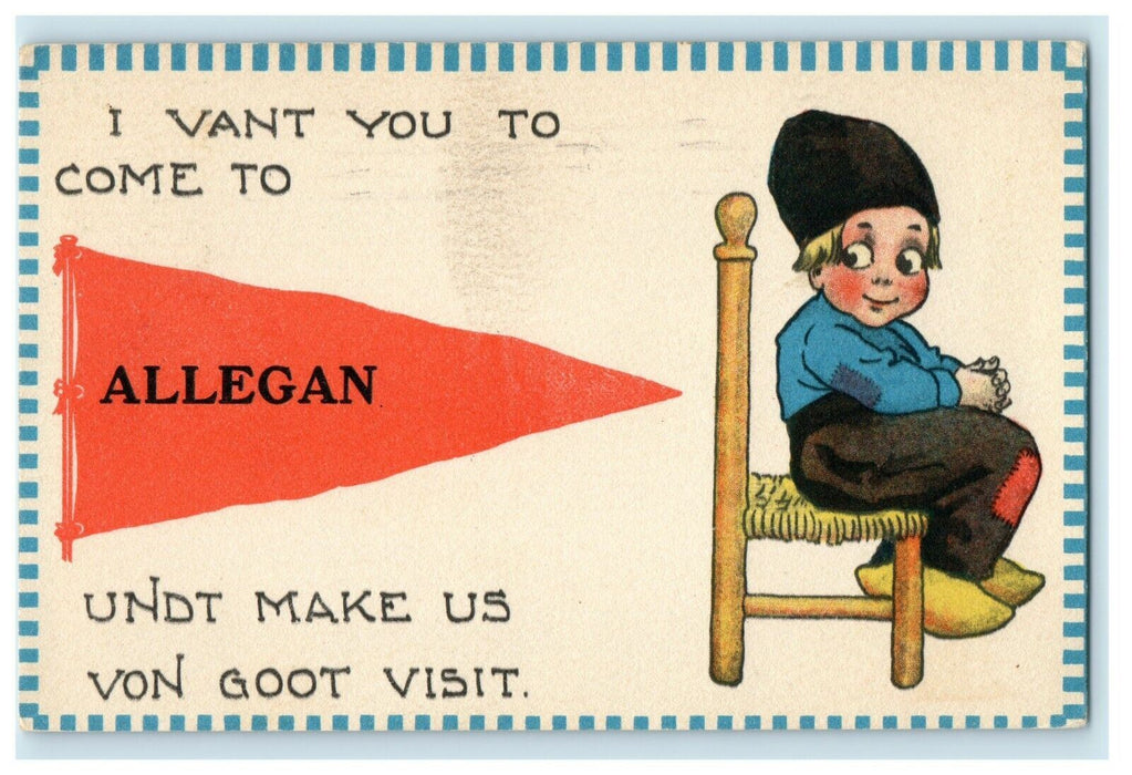 1913 Allegan Red Pennant, Dutch Kid Allegan Michigan MI Antique Postcard